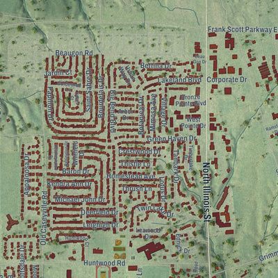 Close-up of the map of Swansea, Illinois print showing street and building detail