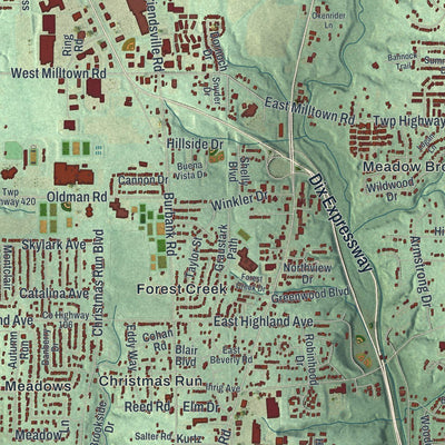 Close-up of the map of Wooster, Ohio print showing street and building detail