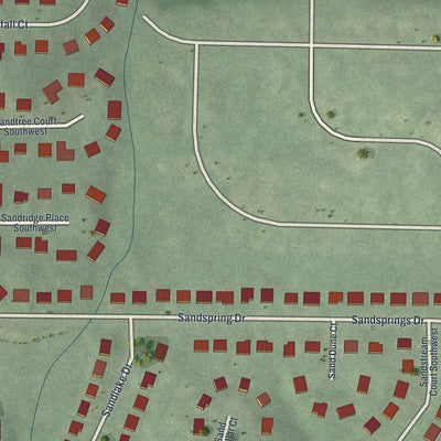 Close-up of the map of Sandlewood Estates, Georgia print showing street and building detail