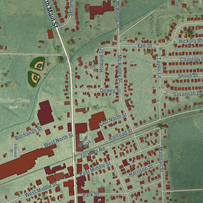Close-up of the map of Chelsea, Michigan print showing street and building detail
