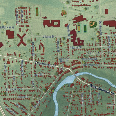 Close-up of the map of Dundee, Michigan print showing street and building detail