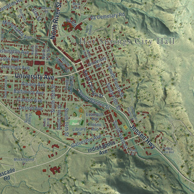Close-up of the map of Hot Springs, South Dakota print showing street and building detail