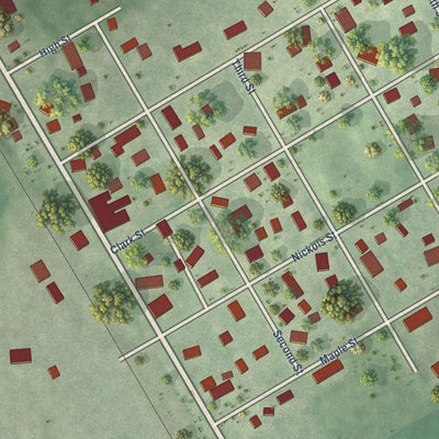 Close-up of the map of Raymond, Nebraska print showing street and building detail