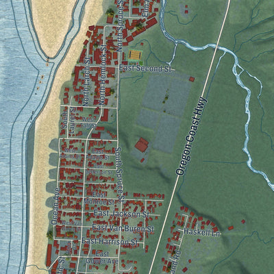 Close-up of the map of Cannon Beach, Oregon print showing street and building detail