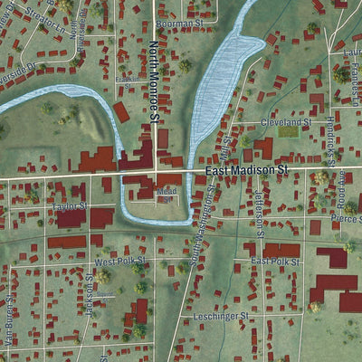 Close-up of the map of Waterloo, Wisconsin print showing street and building detail