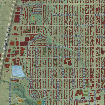 Close-up of the map of Englewood, Colorado print showing street and building detail