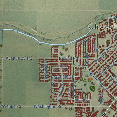 Close-up of the map of Chowchilla, California print showing street and building detail