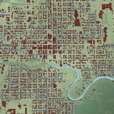 Close-up of the map of Pontiac, Illinois print showing street and building detail
