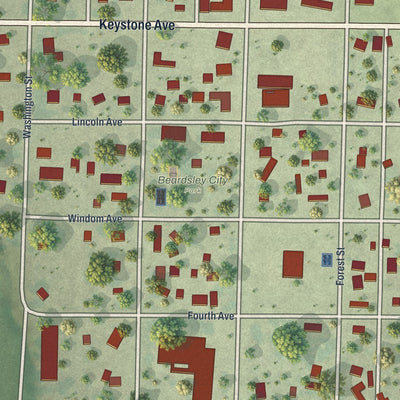 Close-up of the map of Beardsley, Minnesota print showing street and building detail