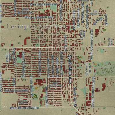 Close-up of the map of Lovington, New Mexico print showing street and building detail