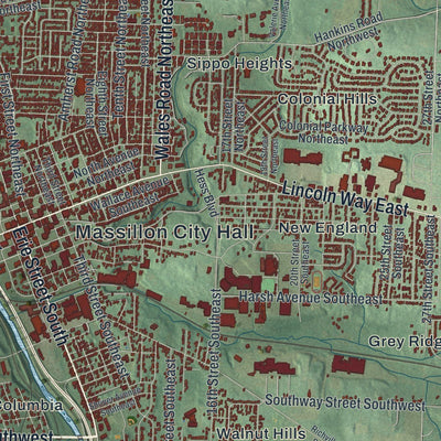 Close-up of the map of Massillon, Ohio print showing street and building detail