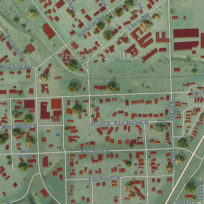 Close-up of the map of Granger, Washington print showing street and building detail