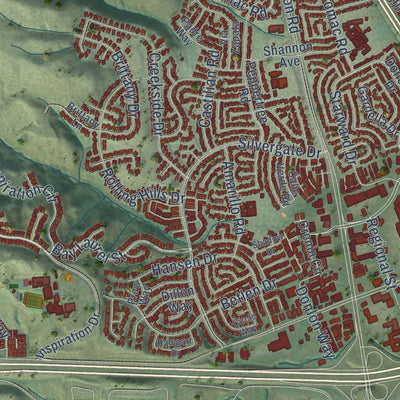 Close-up of the map of Dublin, California print showing street and building detail