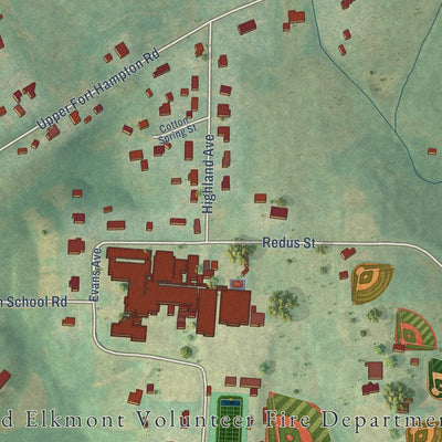 Close-up of the map of Elkmont, Alabama print showing street and building detail