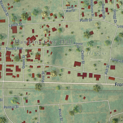 Close-up of the map of Hawkins, Texas print showing street and building detail