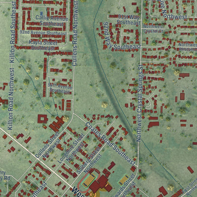 Close-up of the map of Yelm, Washington print showing street and building detail