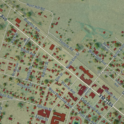 Close-up of the map of Rogers, Texas print showing street and building detail