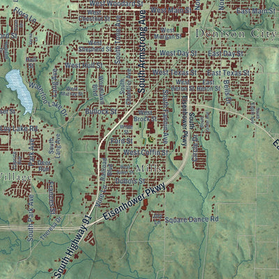 Close-up of the map of Denison, Texas print showing street and building detail
