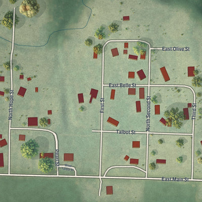 Close-up of the map of Arkoe, Missouri print showing street and building detail