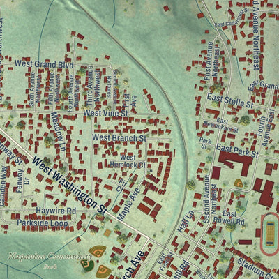 Close-up of the map of Napavine, Washington print showing street and building detail