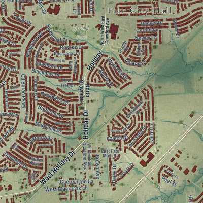 Close-up of the map of Fate, Texas print showing street and building detail