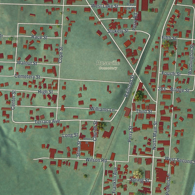 Close-up of the map of Roseville, Ohio print showing street and building detail