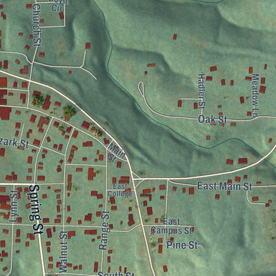 Close-up of the map of Marshall, Arkansas print showing street and building detail