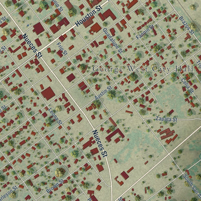 Close-up of the map of George West, Texas print showing street and building detail