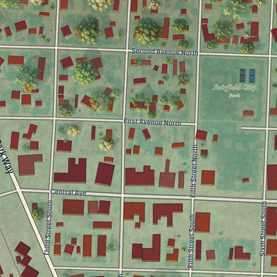 Close-up of the map of Fairfield, Montana print showing street and building detail