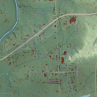 Close-up of the map of Pocola, Oklahoma print showing street and building detail