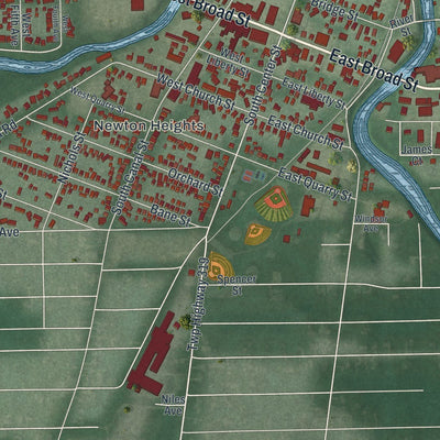 Close-up of the map of Newton Falls, Ohio print showing street and building detail