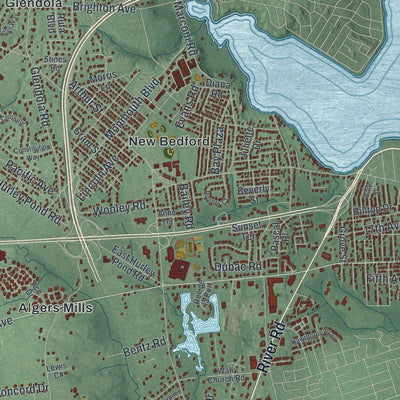 Close-up of the map of Wall, New Jersey print showing street and building detail