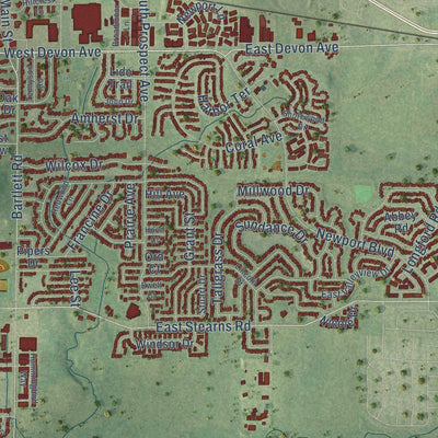 Close-up of the map of Bartlett, Illinois print showing street and building detail