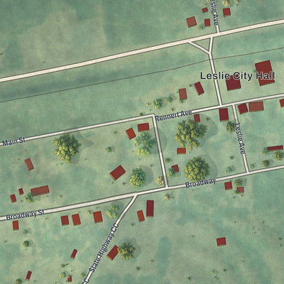 Close-up of the map of Leslie, Missouri print showing street and building detail