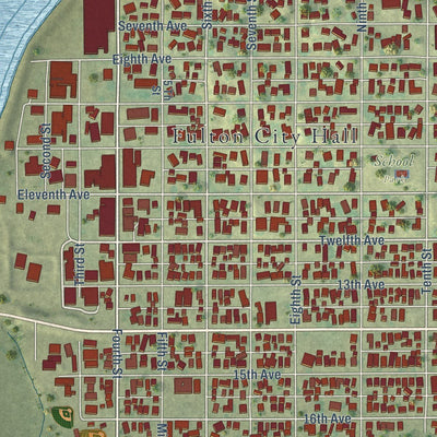 Close-up of the map of Fulton, Illinois print showing street and building detail