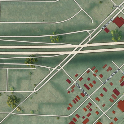 Close-up of the map of Linndale, Ohio print showing street and building detail