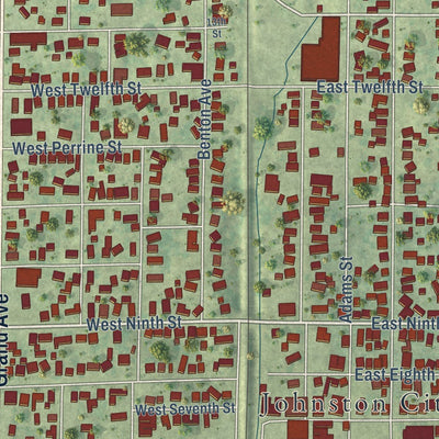 Close-up of the map of Johnston City, Illinois print showing street and building detail