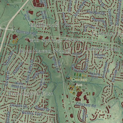 Close-up of the map of Brentwood, Tennessee print showing street and building detail
