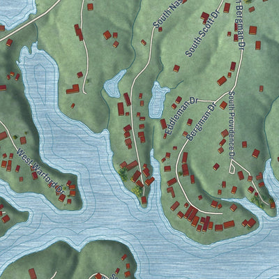Close-up of the map of Prince's Lakes, Indiana print showing street and building detail
