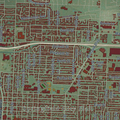 Close-up of the map of Springfield, Oregon print showing street and building detail