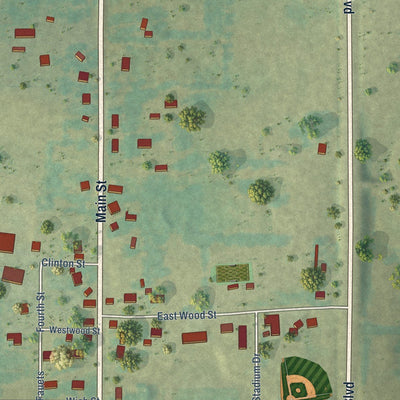 Close-up of the map of Pleasant Plains, Arkansas print showing street and building detail