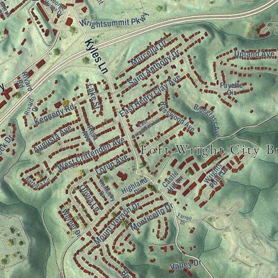 Close-up of the map of Fort Wright, Kentucky print showing street and building detail