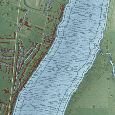 Close-up of the map of East China, Michigan print showing street and building detail