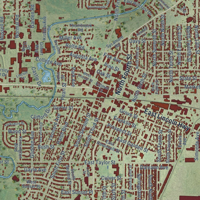 Close-up of the map of DeKalb, Illinois print showing street and building detail