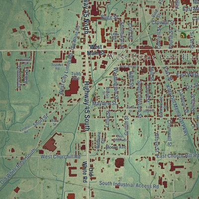 Close-up of the map of West Point, Mississippi print showing street and building detail