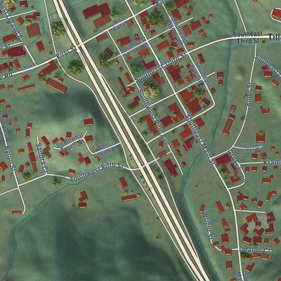 Close-up of the map of Canyonville, Oregon print showing street and building detail