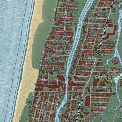 Close-up of the map of Seaside, Oregon print showing street and building detail