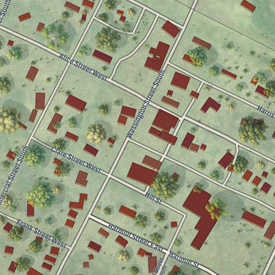 Close-up of the map of Wessington, South Dakota print showing street and building detail