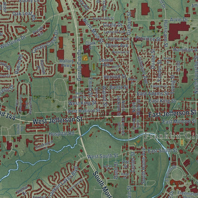 Close-up of the map of Franklin, Indiana print showing street and building detail