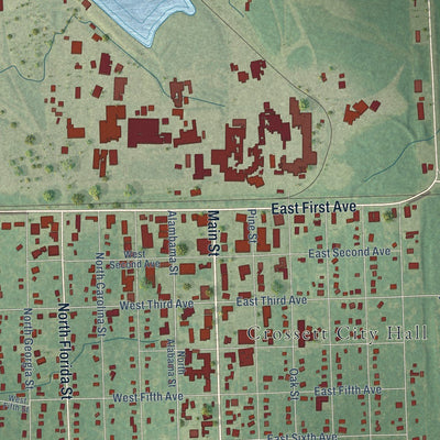 Close-up of the map of Crossett, Arkansas print showing street and building detail